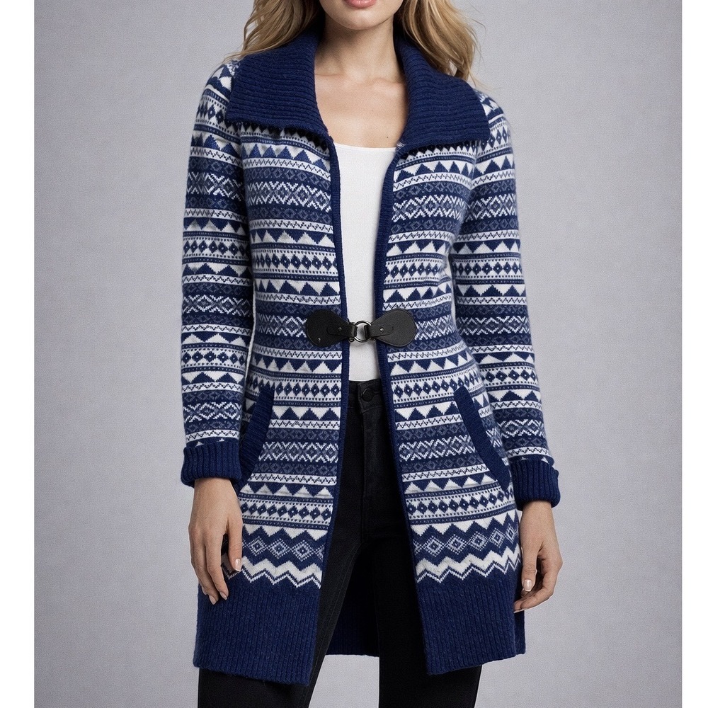 Cambridge Dry Goods British Lambswool Nordic Fair Aisle Long Sweater Cardigan